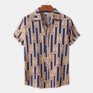 2024夏季男士短袖衬衫欧美风条纹休闲衬衣夏威夷度假薄款上衣