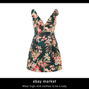 ebay三亚海南度假旅游小众绝美设计绿色花印深V性感显瘦连衣裙子