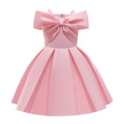 女童连衣裙23纯色蝴蝶结童装粉色，吊带裙洋气公主裙儿童礼服裙