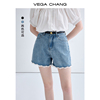 VEGA CHANG牛仔裤女2024年夏季高腰显瘦设计蕾丝花边水洗短裤