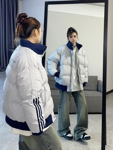 美式复古条纹学生棉衣棉服，女冬季ins加厚拼接羽绒面包服外套