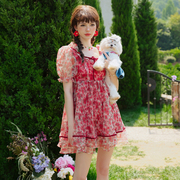 CloudSeason 连衣裙红色玫瑰印花泡泡袖短裙2023夏季授权
