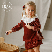 oakfamily女童荷叶领圣诞丝绒，长袖t恤2024年春宝宝儿童上衣