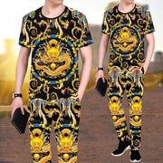 2024男士休闲套装短袖长裤中国风3D印花青年T恤金龙图案花裤