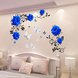 蓝玫瑰墙贴画温馨客厅墙面墙纸，自粘浪漫卧室，装饰布置墙壁床头贴纸
