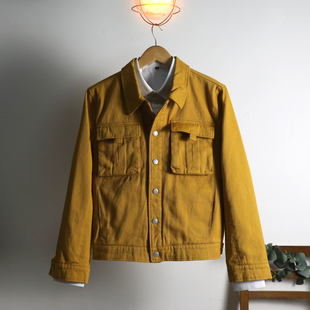 夹克外套多选复古工装风微厚短款斜纹牛仔布亮黄色修身机车夹克