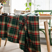 圣诞节绿格子棉麻餐桌厚桌布，美式欧式桌旗桌垫布长方形新年春节