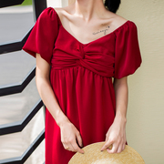 超仙复古红色短裙露背小礼服法式设计感泡泡袖连衣裙显瘦度假裙女