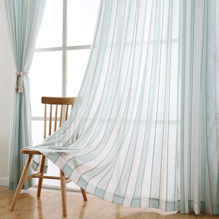竖条窗帘纱帘蓝色白色北欧简约现代客厅卧室阳台遮光棉麻亚麻窗纱