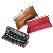 真皮欧美复古夹子包长款手拿包钱包手机包简约口红零钱收纳包