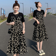 夏装假两件连衣裙 韩版大码女时尚圆领短袖T恤拼接印花雪纺裙