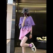 长款紫色短袖女t恤夏日多巴胺吊染潮牌欧货大版洋气中长款遮屁股