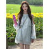 韩系甜美套装2023夏季温柔风镂空露肩长袖连衣裙短裤两件套女