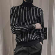 黑色条纹毛衣男士秋季2021年高领打底衫冬装内搭加厚针织卫生