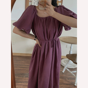 kiki自制紫色圆领泡泡袖，系带天丝亚麻连衣裙收腰显瘦长裙夏季