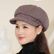 秋冬季帽子女士贝雷帽妈妈，加绒毛呢鸭舌帽中老年人韩版保暖八角帽