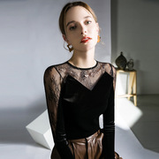 洋气设计感蕾丝上衣拼接黑色，丝绒性感t恤秋季法式别致小衫女