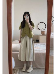 薄荷曼波绿色衬衫套装女夏季小个子日系，复古高腰半身裙两件套