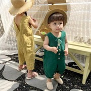 韩国童装男童女童儿童森系连体裤婴儿小童宝宝无袖连体亚麻7分裤