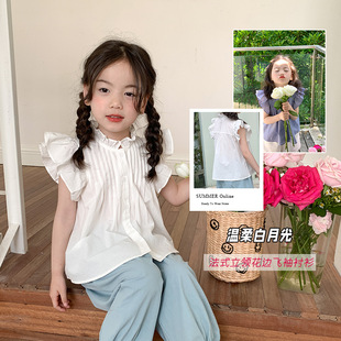 艾摩贝贝儿童洋气气质小立领短袖女童韩版法式荷叶花边小飞袖衬衫