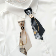 韩版格子英伦风链条小领带，女设计感jk免打衬衫，装饰别针小领结头花