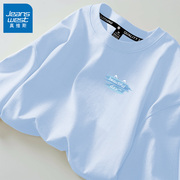 真维斯蓝色短袖t恤女2024夏季纯棉小个子宽松设计感小众上衣