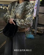 wrokshop韩国2023冬装，时尚街头风豹纹仿皮草，夹克外套女