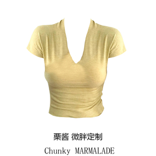 大码胖mm甜辣妹V领短袖T恤女夏季基础简约设计感黄色修身上衣