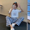 单/套装夏装学生韩版宽松短款T恤女格子休闲阔腿直筒裤两件套