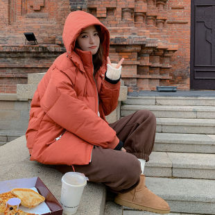 橘红色连帽短款羽绒棉衣棉服女冬季外套韩系宽松学生小个子面包服