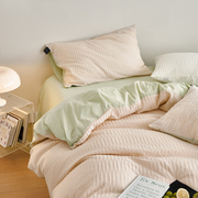 简约纯色撞色提花水洗全棉纯棉粉色绿色小清新床上床单被套四件套