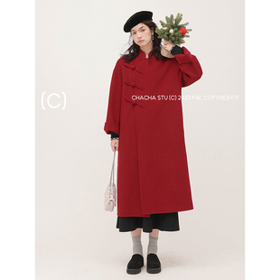 chachastu新中式盘扣复古新年红色，立领全羊毛毛呢，外套女冬季大衣