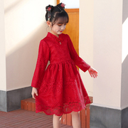 女童红色优雅连衣裙加绒公主裙长袖复古气质洋气蝴蝶结中国风女孩