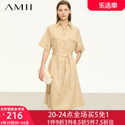 Amii工装短袖连衣裙女2024夏配腰带宽松收腰简约a字多巴胺衬衫裙