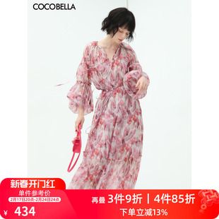 cocobella玫瑰花苞腰绳度假风，飘逸雪纺连衣裙，两件套长裙fr176