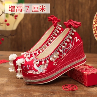 中式秀禾婚鞋女厚底婚礼结婚增高汉服鞋子坡跟红色，绣花鞋配马面裙