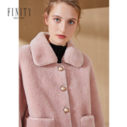 finity2020冬装粉色羊剪毛皮草外套，女宽松百搭时尚毛呢短上衣