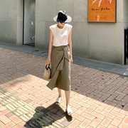 Q28韩国女装2024亚麻绑带夏季女半身裙优雅低腰纯色中长裙