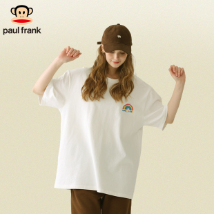 Paul frank/大嘴猴短袖女小众设计感白色正肩T恤女宽松纯棉打底衫