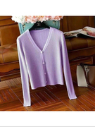 韩国紫色V领针织开衫女短小个子夏季薄款气质显瘦长袖空调防晒衫