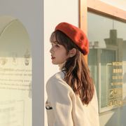 韩系贝雷帽橘红色女款羊，毛呢蓓蕾帽子大头围，2023秋冬季显脸小