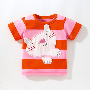 卡通猫咪女童短袖t恤上衣，宝宝红条纹纯棉夏装儿童，全棉半袖打底衫8