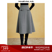 曼德诗复古黑白格子半身裙，2023冬季高腰，精纺羊毛经典a摆长裙