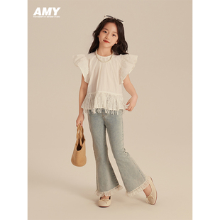 Amybaby女童衬衫2024儿童夏季镂空拼接流苏荷叶袖短款衬衫