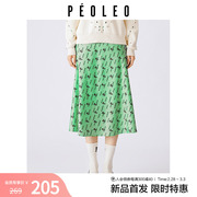飘蕾绿色花版印花半身裙女2024春季复古高级感时髦中长伞裙