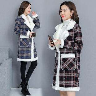 2022秋冬季格子加厚中长款棉衣，外套女保暖仿羊羔绒韩版流行大衣潮