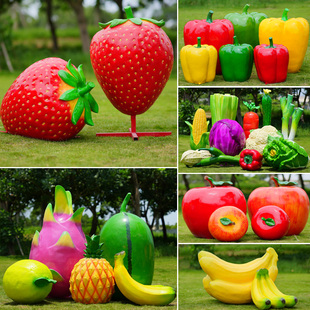 户外卡通水果蔬菜玻璃钢雕塑，仿真草莓南瓜白菜生态园农场丰收摆件