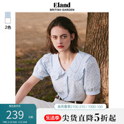 eland衣恋泡泡袖短袖衬衫女夏季木耳边大翻领上衣外搭