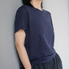 云芝元原创设计师夏季简约百搭亚麻藏蓝色女款圆领短袖T恤