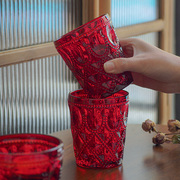 索厨复古浮雕水杯家用杯子结婚用高档厚实红色玻璃酒杯冷饮啤酒杯